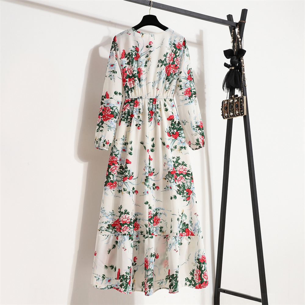 European and American floral long, round-neck, long-sleeved, waist-cinching and slimming dress pic 82