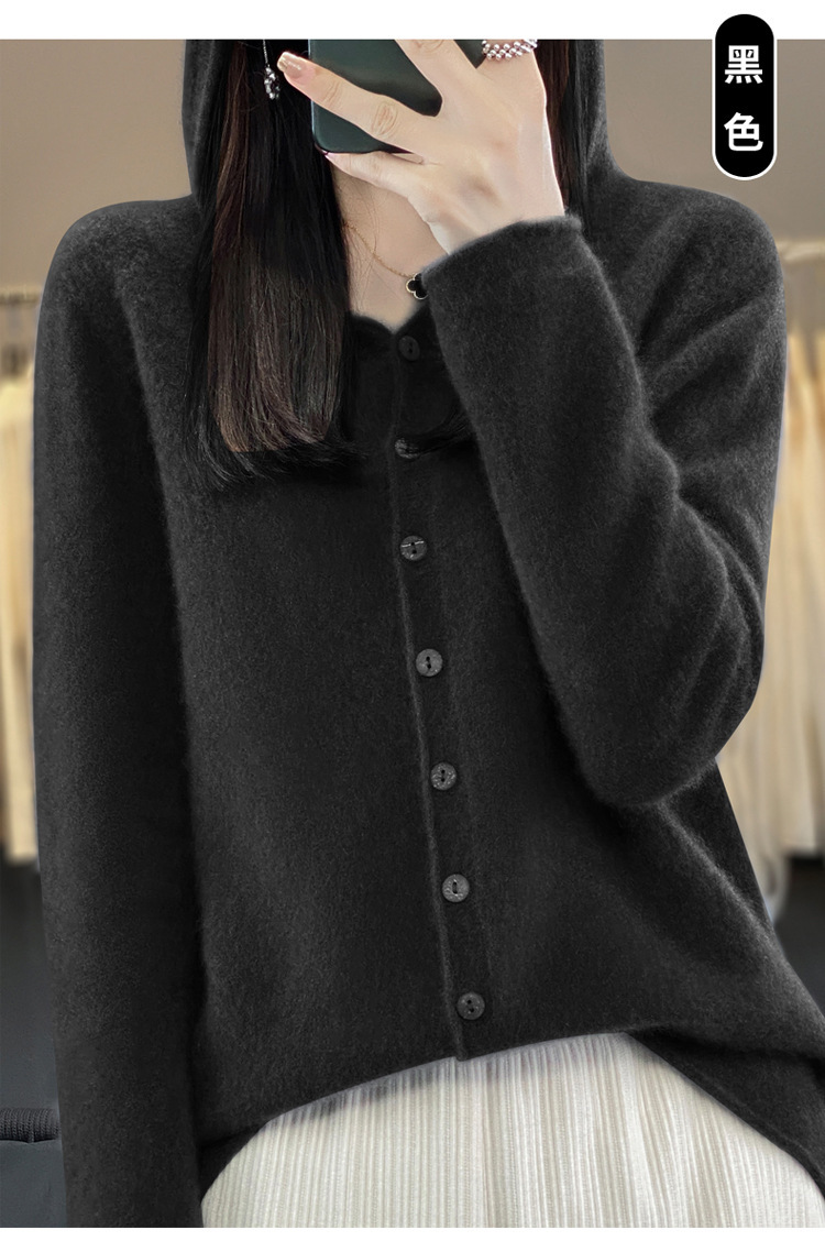 女士连帽100羊毛衫开衫百搭秋冬新款纯色一线成衣潮卫衣针织外套详情37