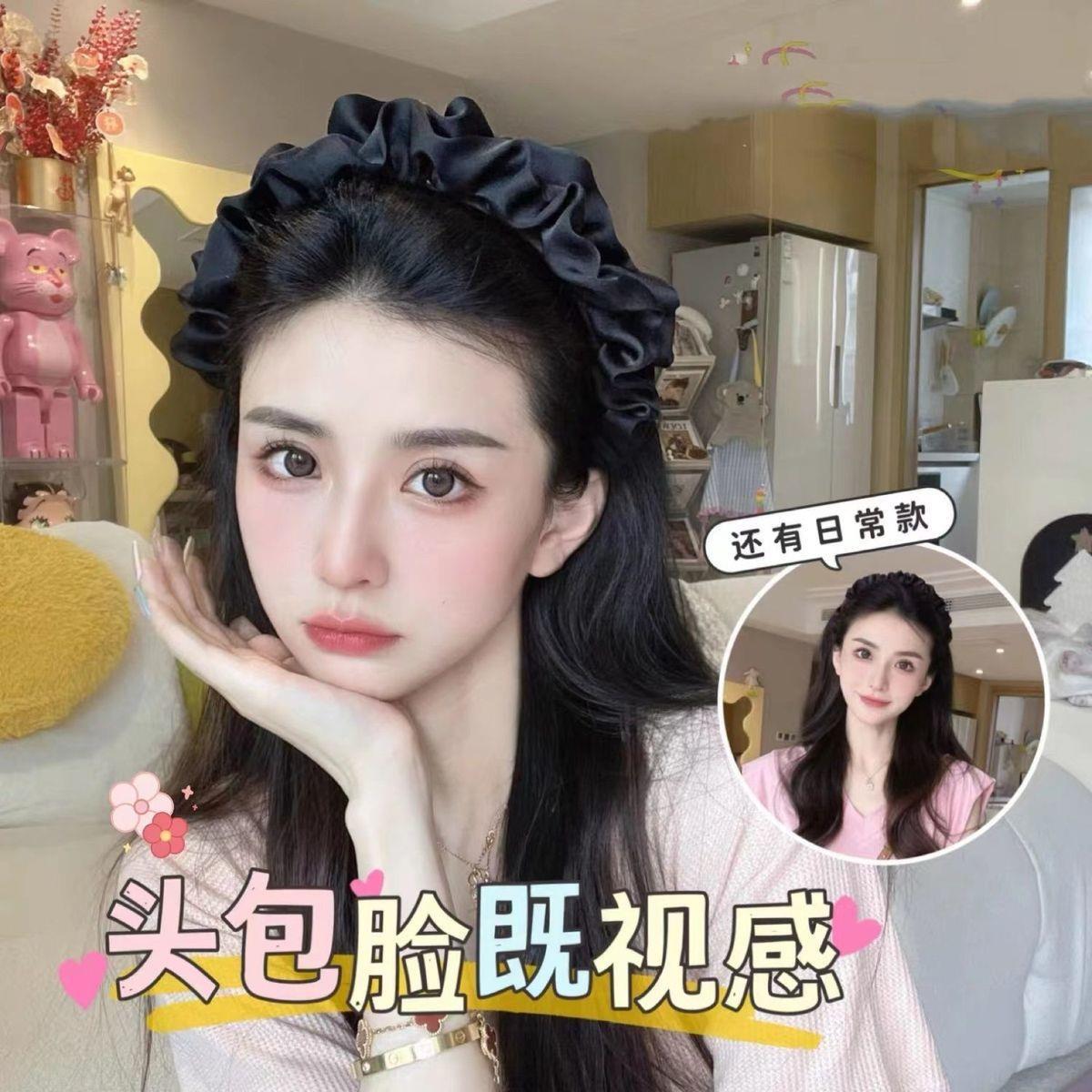 【 High Skull Top 】 Retro large intestine headband, black fungus wide-edge pleated hairband, face-enhancing little girl height-increasing hairpin pic 3