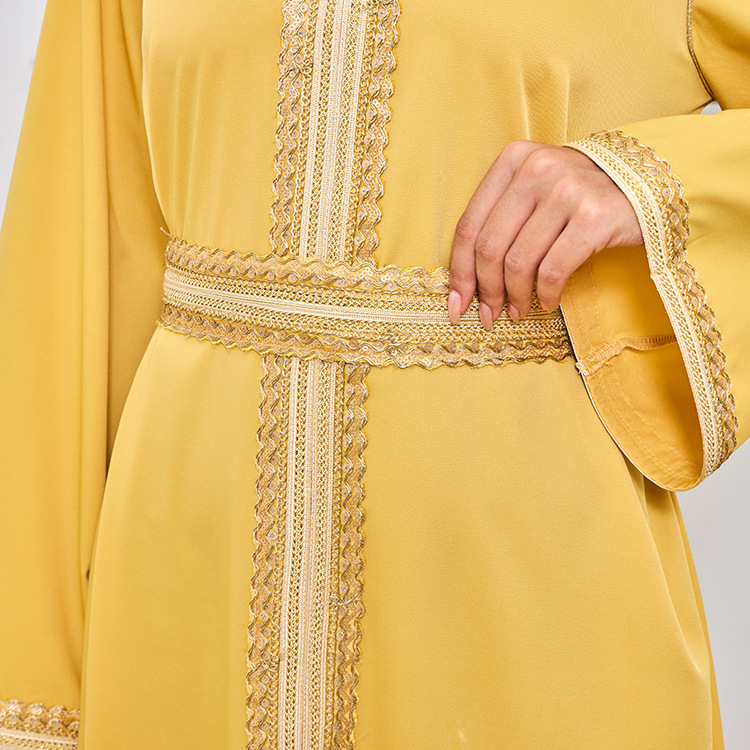 MT098中东外贸迪拜穆斯林长袍女装 刺绣金色珠片花边连衣裙 abaya详情31