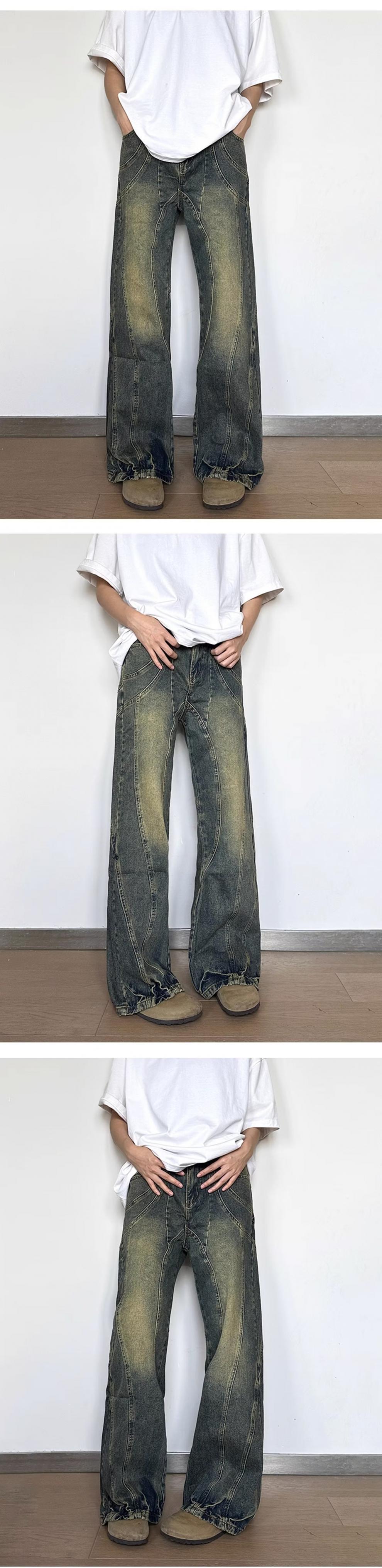 秋季美式潮牌复古牛仔裤男学生宽松黄泥染直筒裤水洗做旧阔腿长裤详情5