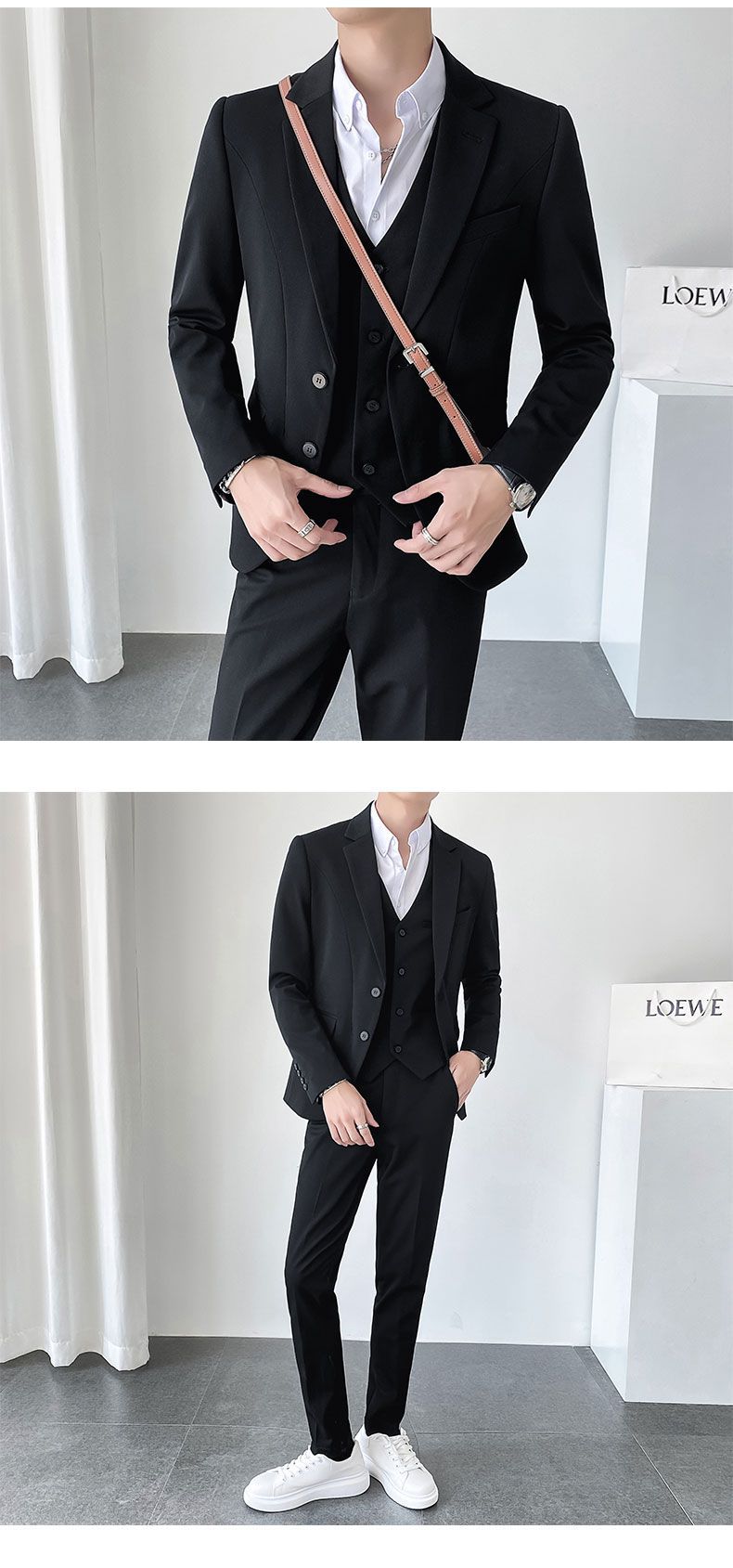 秋冬ins轻熟风韩版修身男士休闲二粒扣纯色西服三件套详情19