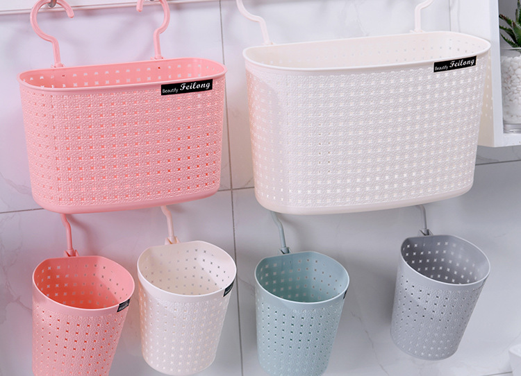 Imitación ratán trenzado multifuncional asphalt storage basket tufos suspendidos baño vacío cesta de almacenamiento de baño hogar doble gancho cesta colgante pic 11