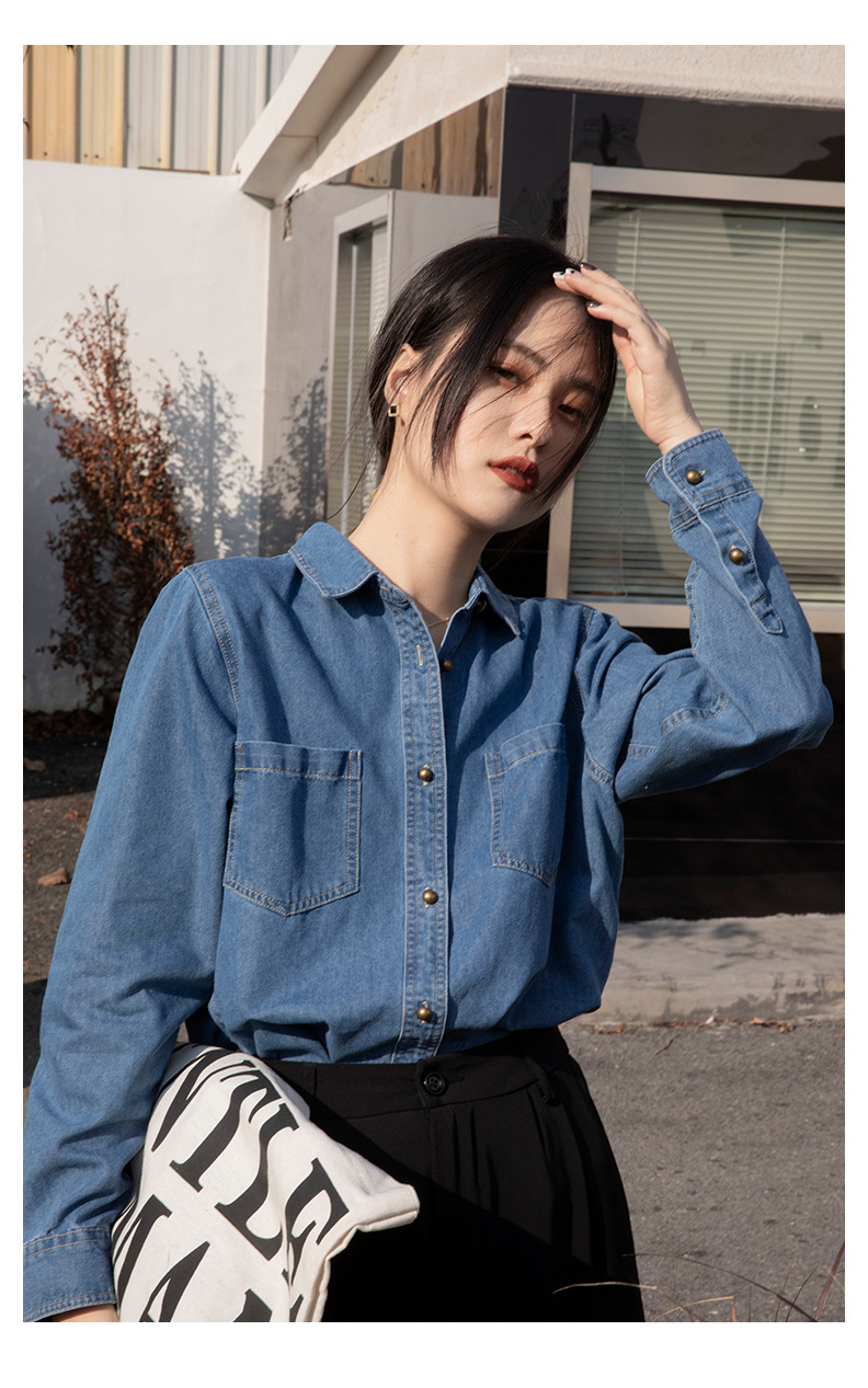 长袖牛仔衬衣女2023年新款时尚高级感叠穿宽松上衣衬衫外套潮女详情17