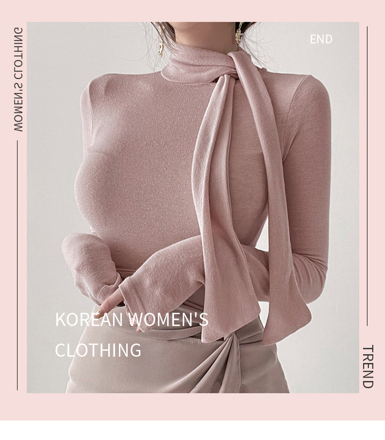 女人味飘带紧身高领长袖T恤女 韩国东大门新款温柔奶油粉女式上衣详情1