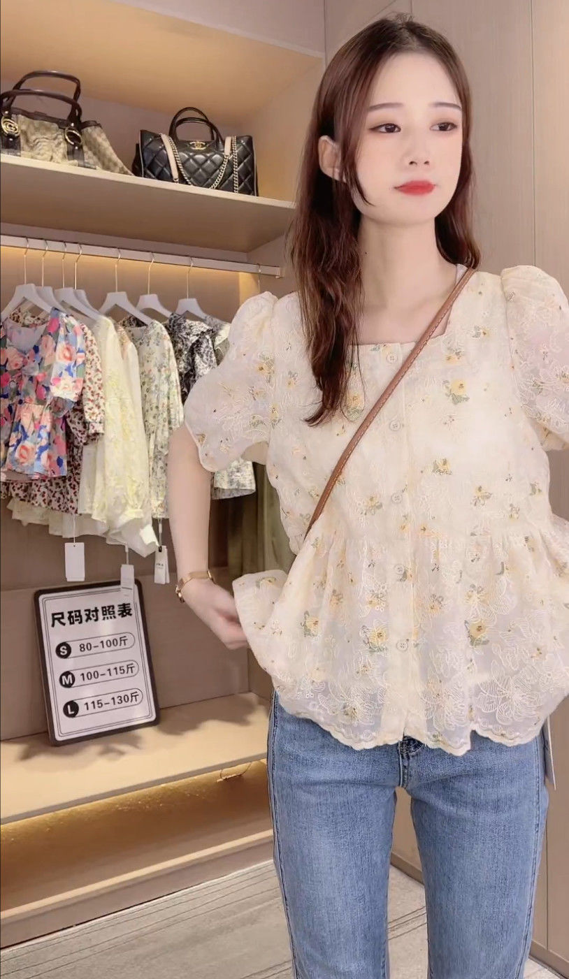 夏季新款方领碎花短袖衬衫女设计感小众洋气百搭泡泡袖别致上衣详情14