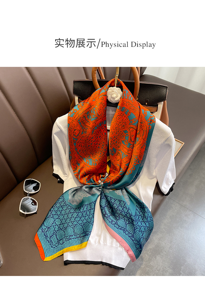 A classic blue and orange large flower 110 faux silk scarf with a large square scarf and a shawl on the outside. A girl gives it to her mother pic 33