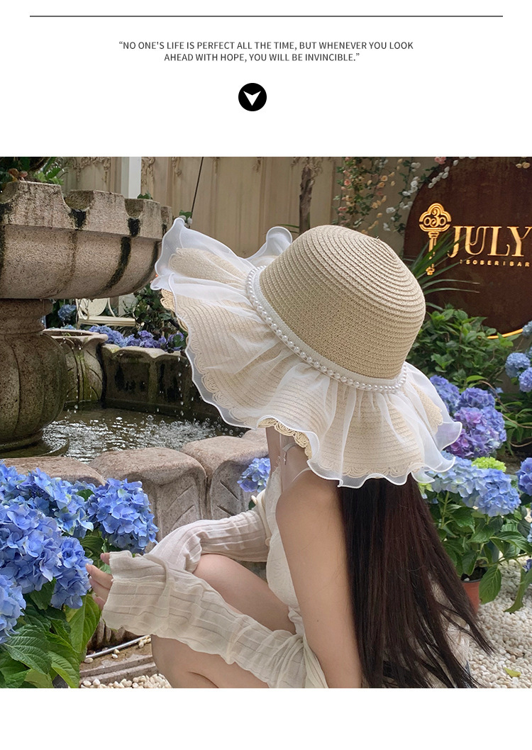 A popular lace straw hat for women in summer with a large brim, an outdoor UV protection straw woven sun hat, and a beach hat pic 2