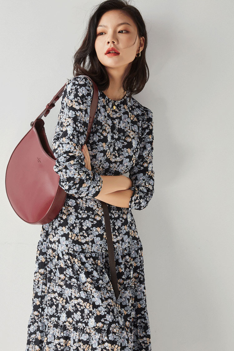 Shenghong 2023 Spring French Elegant Style Floral round-neck Loose Slimming Pleated Mid-length Dress 11213 pic 13