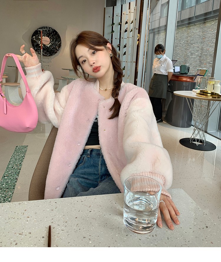 颗粒绒棒球服羊羔毛皮草外套女撞色时尚粉色羊剪绒皮毛一体大衣冬详情8
