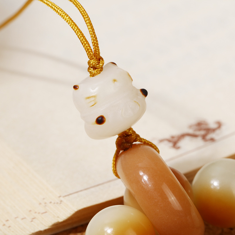 Cute charcoal-burned Bodhi cat paw mobile phone chain, wealth-attracting cat prayer beads running ring pendant, multi-treasure beads car key chain pendant pic 7