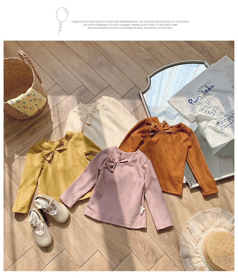 厂家直销2022秋季新品珍珠蝴蝶结长袖女童打底衫儿童全棉t恤韩版详情12