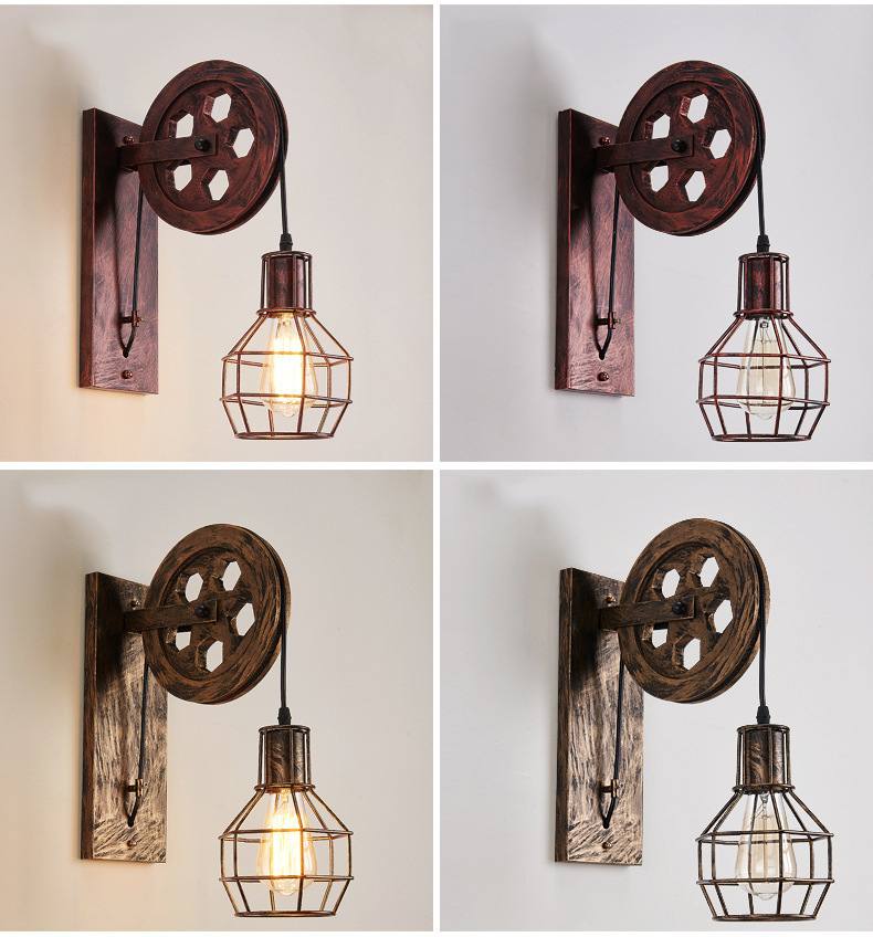 American country wall lamps, industrial style retro wall lamps, simple and creative ironwork pulley wall lamps, height-adjustable restaurant corridor lights pic 10
