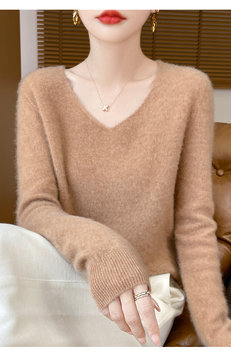 濮院羊毛衫女100纯羊毛一线成衣V领软糯针织上衣外穿显瘦打底衫详情31