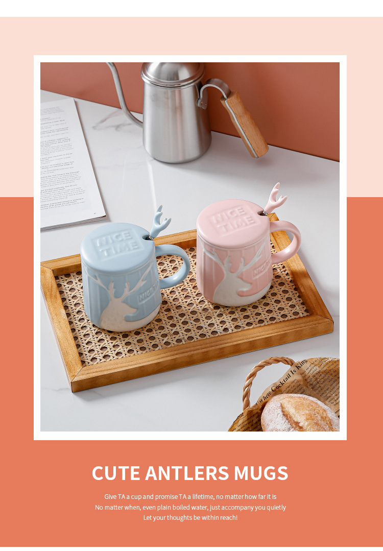 家用ins耐高温轻奢简约高颜值马克小鹿水杯带盖勺学生早餐牛奶杯详情1