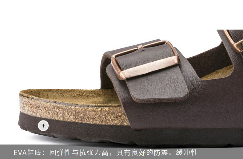 BK全牛皮勃肯鞋真皮软木凉鞋复古男女款厚底双排扣棕色大码博肯鞋详情13