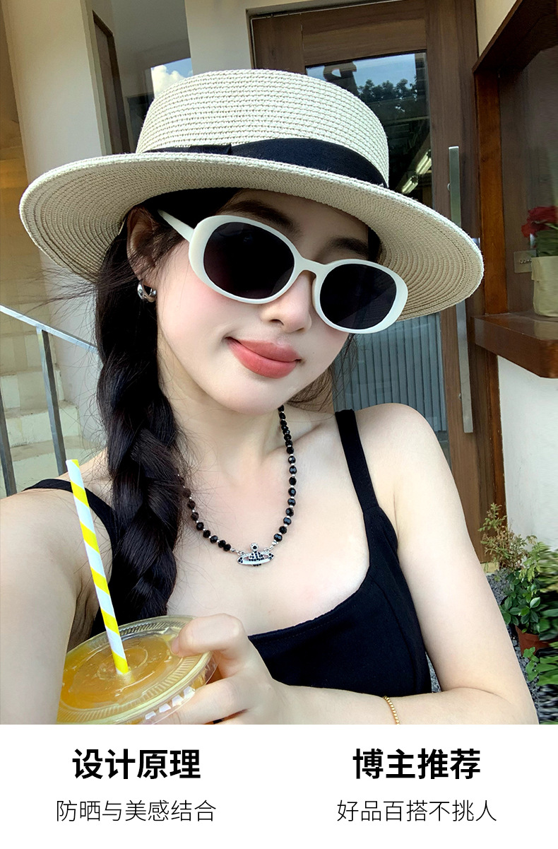 草编帽子女夏季防晒法式平顶草帽海边度假大帽檐遮阳帽高级感礼帽详情19
