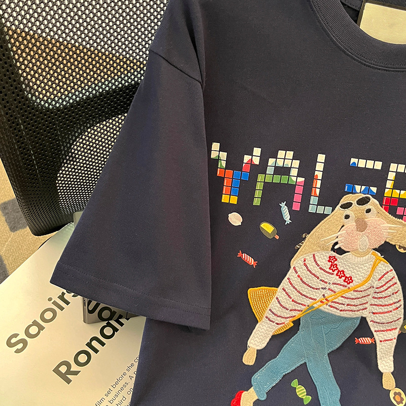 实拍32支双纱纯棉螺纹领短袖t恤女夏2023刺绣花圆领上衣大码女装详情20