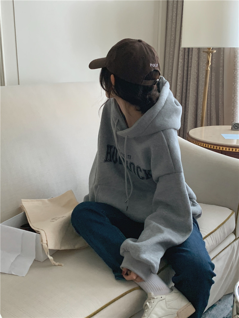 Letter-printed pullover with fleece hooded sweatshirt for women 2023 autumn/Winter new style Korean loose and versatile long-sleeved top pic 62