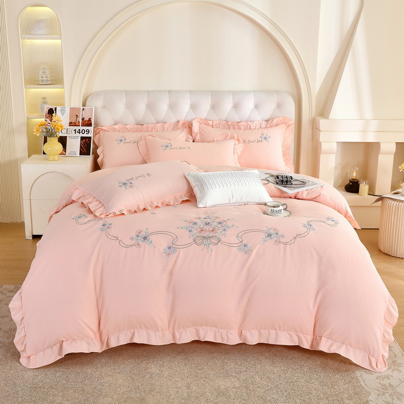 Nantong Home Textile solid color embroidered bedding four-piece set, brushed washed cotton Class a baby and mother grade quilt cover and bed sheet consignment pic 37