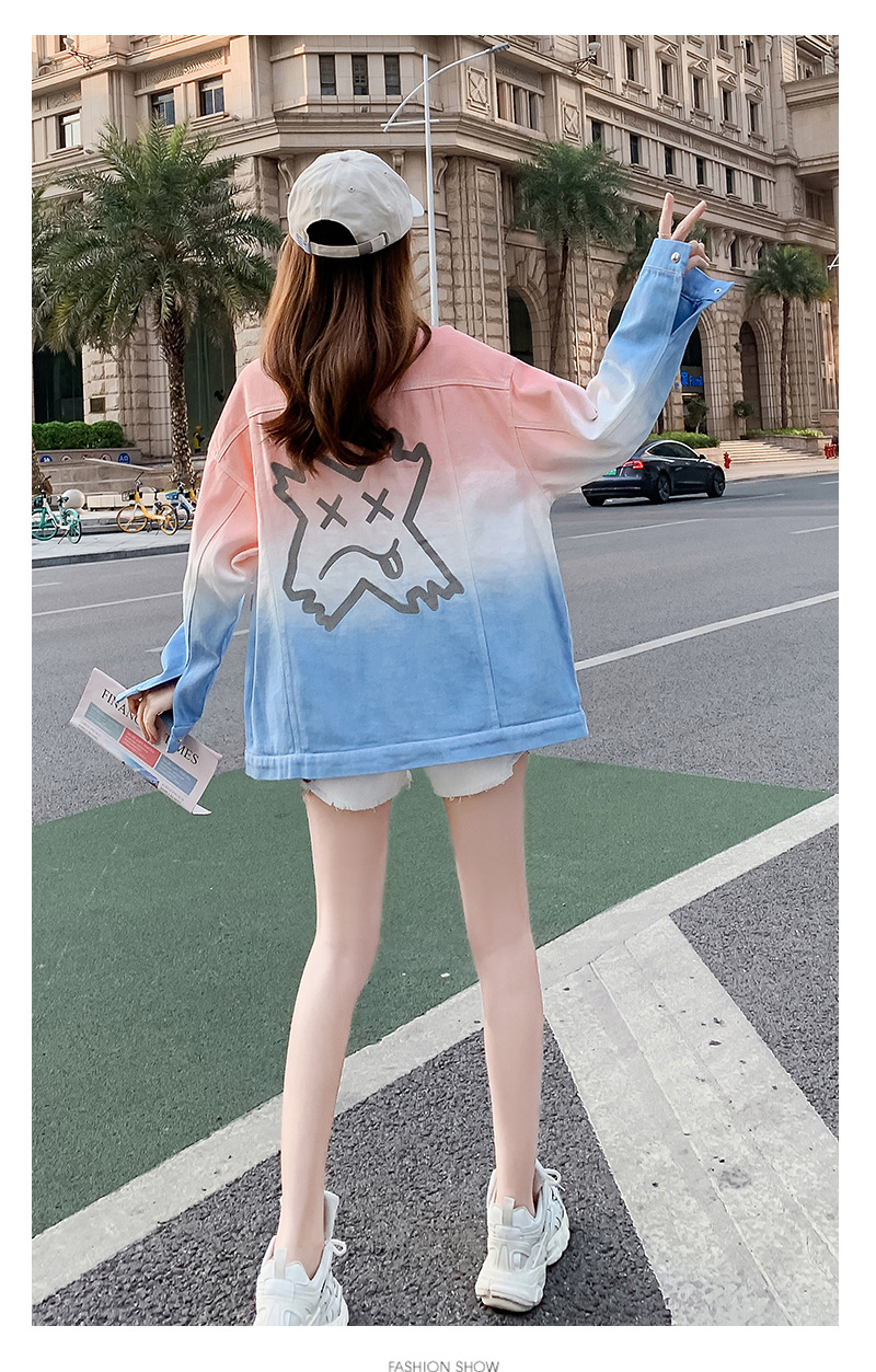 2022春秋季新款韩版女装学生宽松印花渐变牛仔外套女百搭夹克上衣详情12