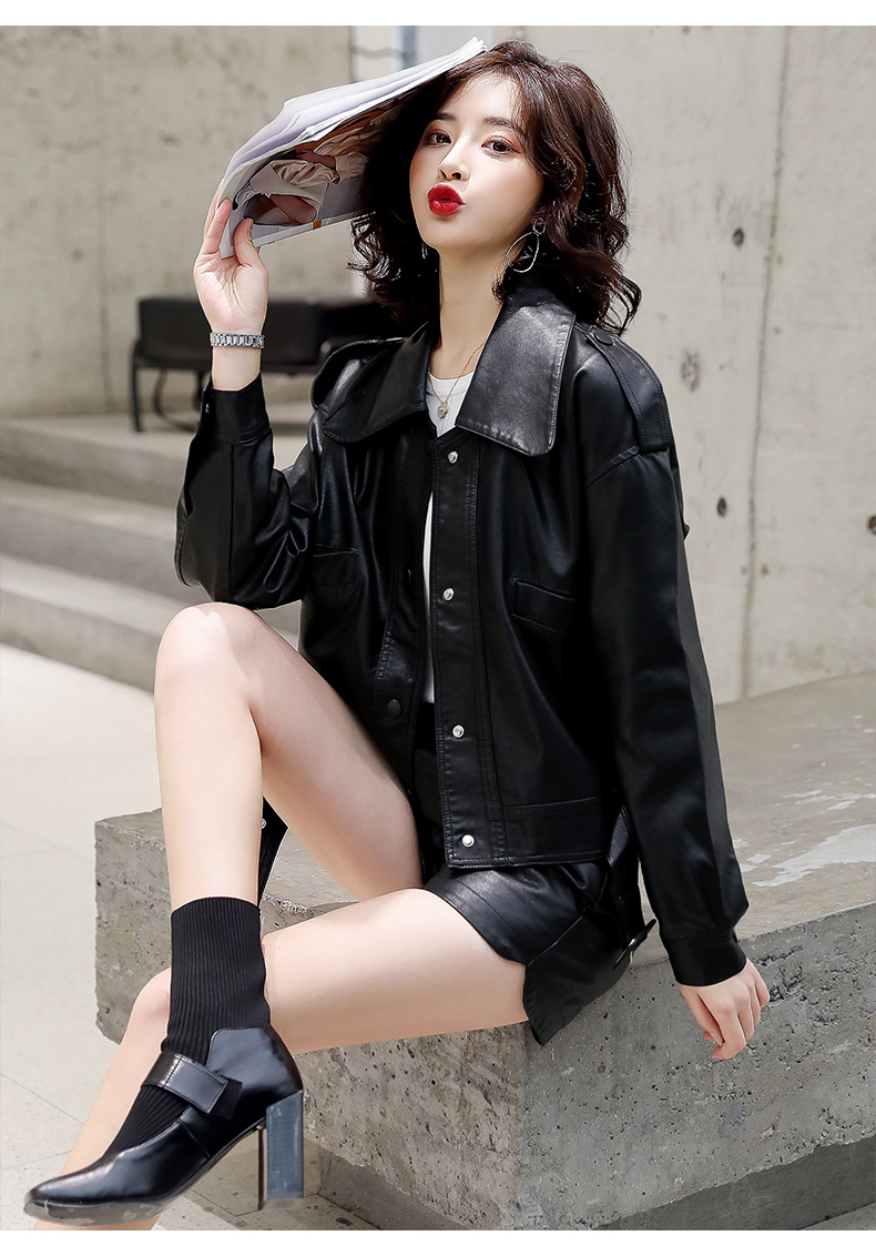 2022秋季新款女装皮拼接PU上衣短裤两件套短款皮衣休闲时尚套装详情21
