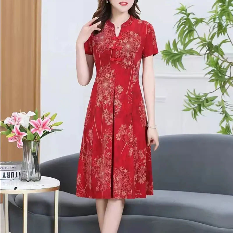 2022新款夏季妈妈改良旗袍洋气中老年女装显瘦遮肚短袖裙子详情14