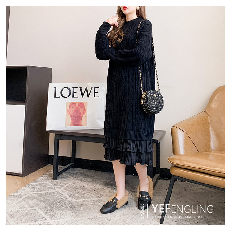Knee-length woolen dress for women, with a loose and laid-back style of patchwork and twisted patterns, is a new thick knitted dress for autumn and winter 2020 pic 1