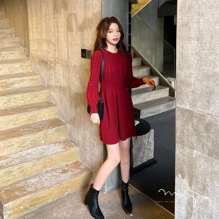 麻花拼接秋冬季连衣裙女高腰显瘦针织裙子现货批发新款女装详情13