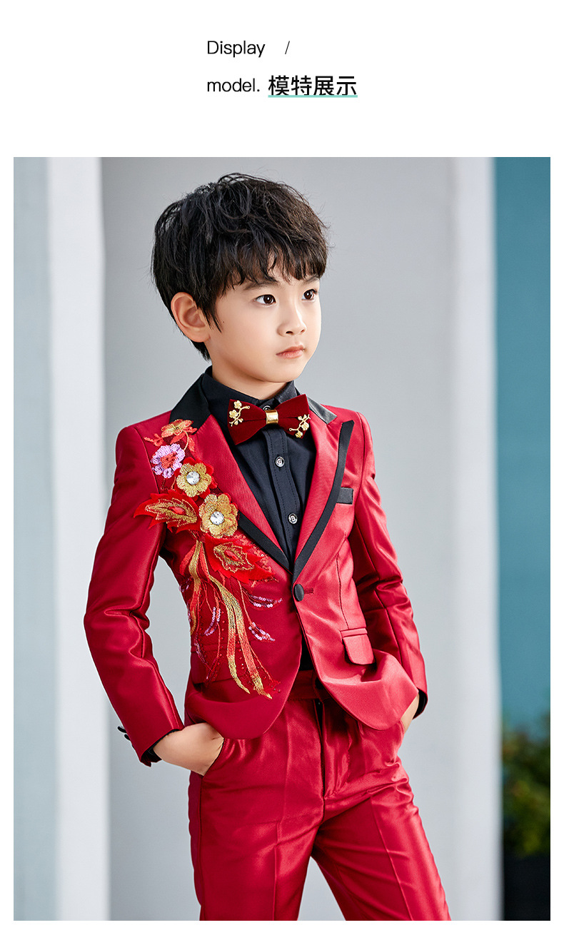 男童西装套装儿童红色西服花童婚礼主持人走秀演出服男孩生日礼服详情8