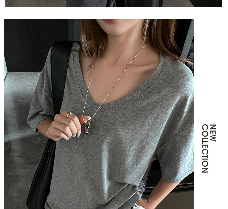 夏季韩系大版落肩袖V领短袖t恤女式基础款外穿高级感慵懒风上衣潮详情16