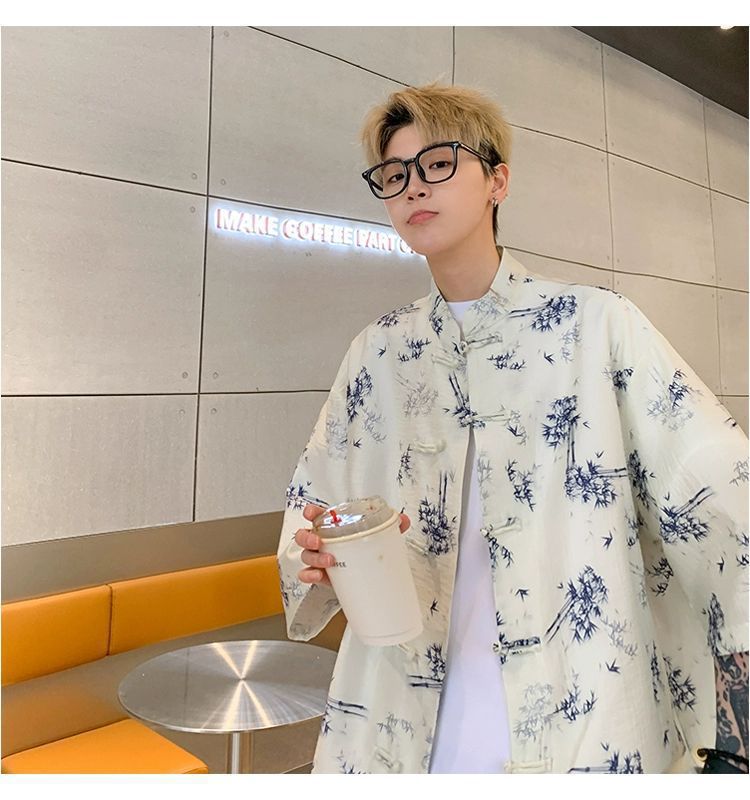 国潮青少年中国风竹子免烫处理短袖衬衫男夏季新中式盘扣潮流宽松半袖详情5