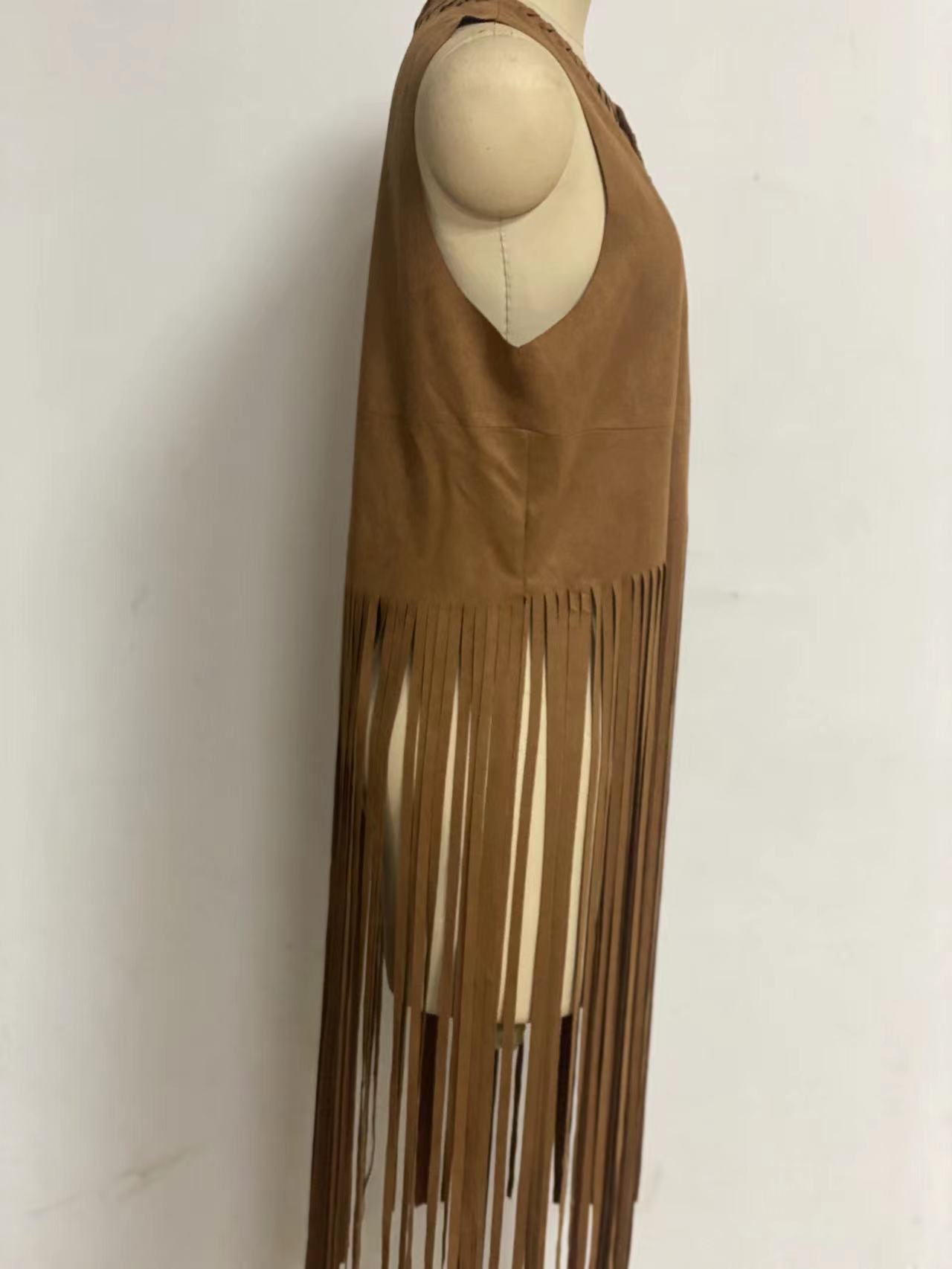 现货欧美风披肩 麂皮绒流苏马甲外套 女士无袖中长款马夹外穿详情6