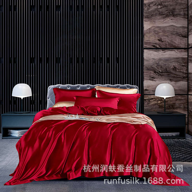 Heavyweight 25mm 100% mulberry silk bedding, wedding silk four-piece set, silk quilt cover and bed sheet pic 38