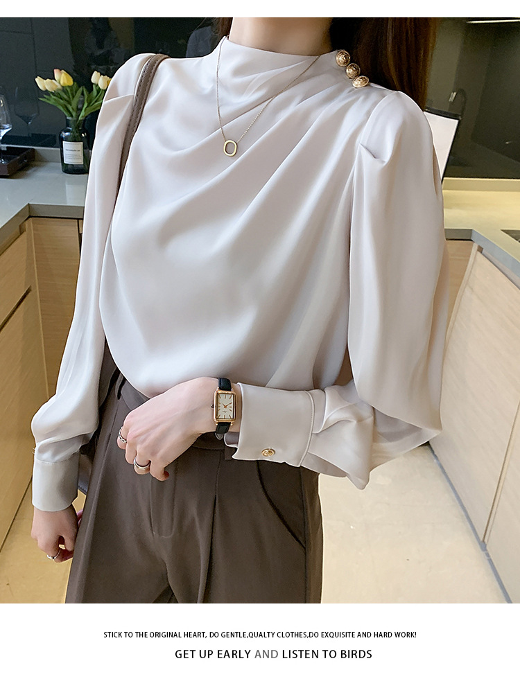 外贸供货2023轻熟气质立领褶皱灯笼袖时尚长袖上衣宽松女士衬衫详情25