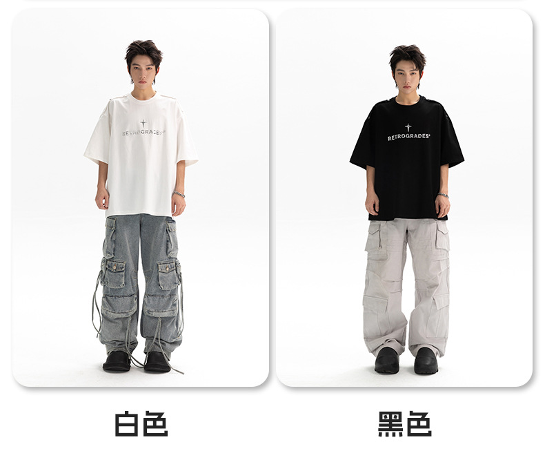 Shoulder four-button design T-shirt for men, loose American streetwear brand, metallic texture printed high street short-sleeved T-shirt, summer q pic 4