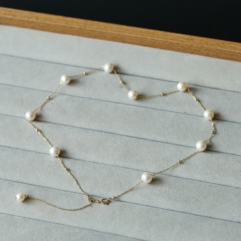 7.5mm strong light starry Sky freshwater pearl necklace, a fringed 18K gold pearl necklace and collarbone chain that women often wear pic 13