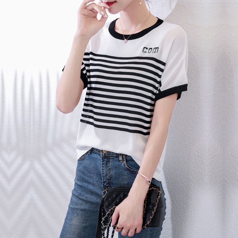 t恤高档夏季女装新款宽松韩版上衣女士针织衫短袖打底衫碎花条纹详情9