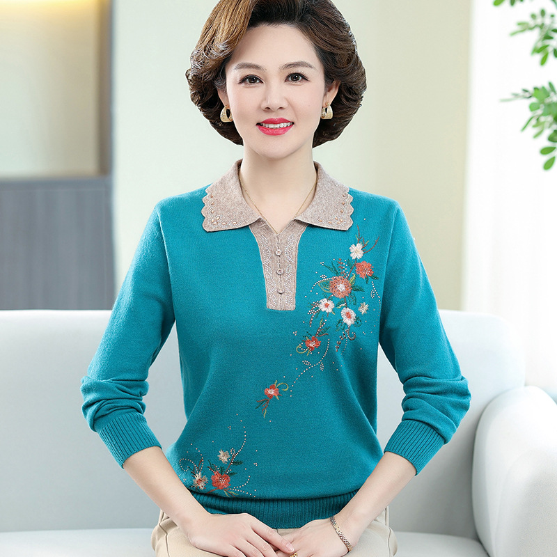 New autumn collection for middle-aged and elderly mothers: Solid color loose knitted pullover sweater with a baby collar for women. 2023 casual mom wear pic 2