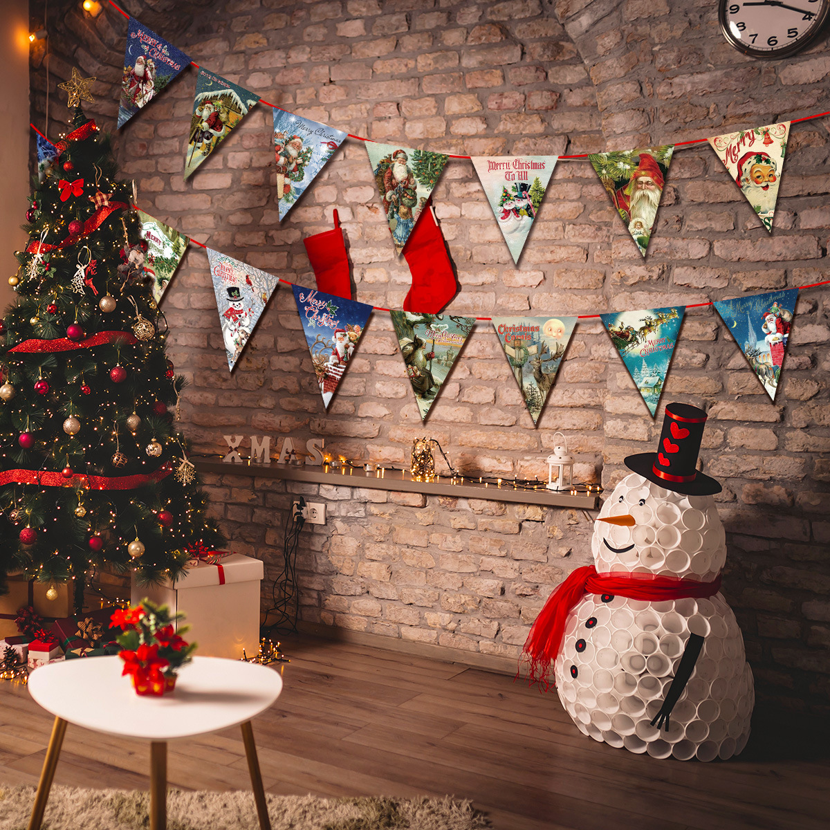 2024圣诞节派对布置拉旗 圣诞Merry christmas装饰复古三角拉旗详情26