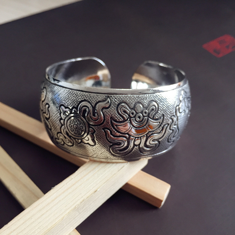 Retro ethnic style silver bracelet, European and American carved wide opening bracelet, fashionable and individual Miao silver aged ancient-style jewelry pic 9