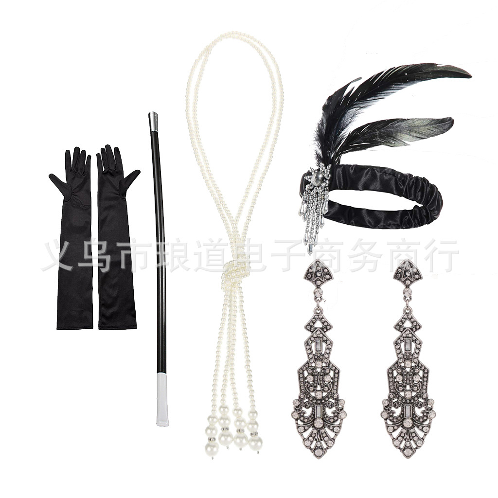 Gatsby Party Feather alloy headband, pearl necklace, cigarette stick glove set, retro Hepburn outfit accessories pic 23