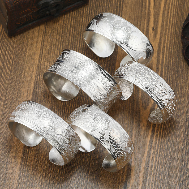 Retro ethnic style Miao silver bracelet, personalized wide opening bracelet, new Chinese style ancient style Guizhou handmade silver jewelry bracelet for children pic 1