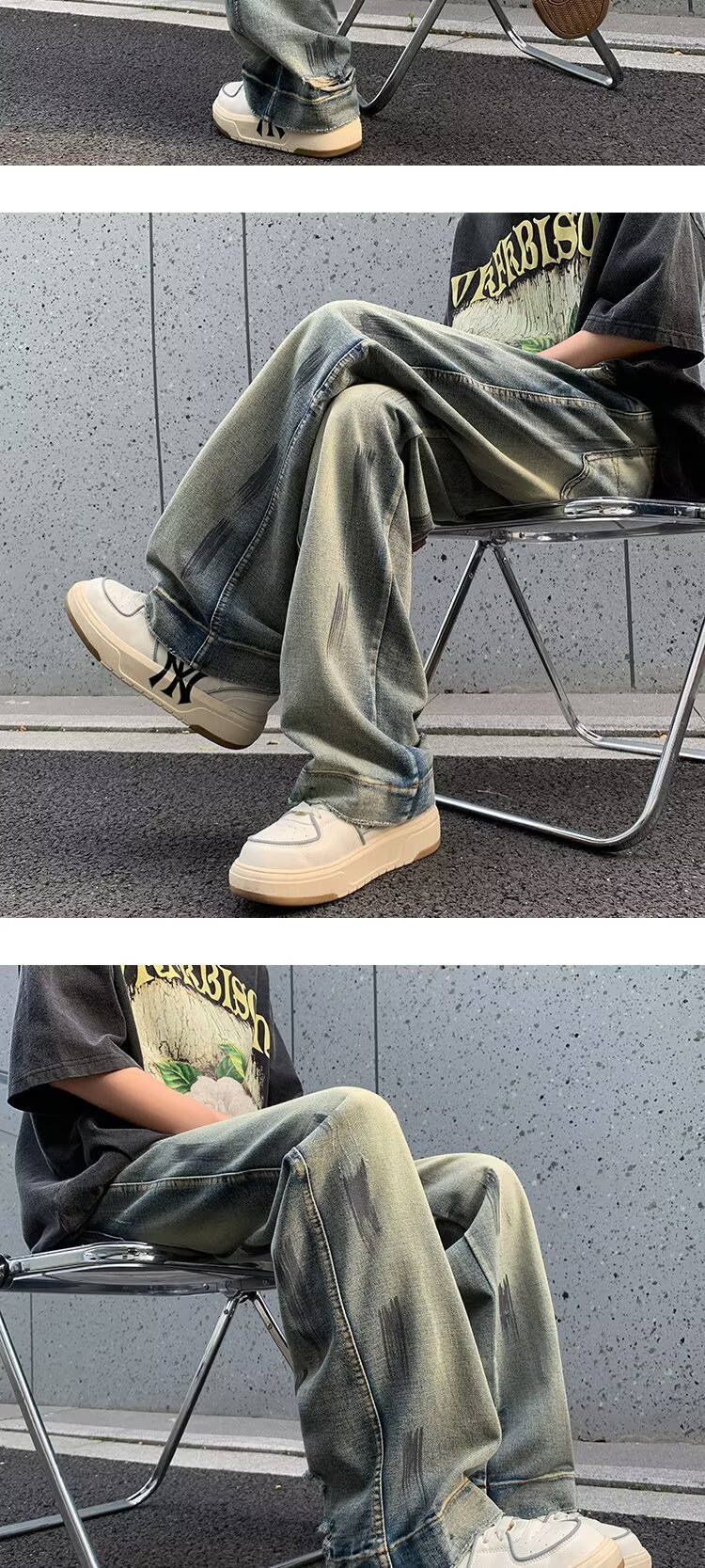 2024复古休闲做旧牛仔裤学生时尚百搭款垂感宽松阔腿拖地牛仔裤男详情16