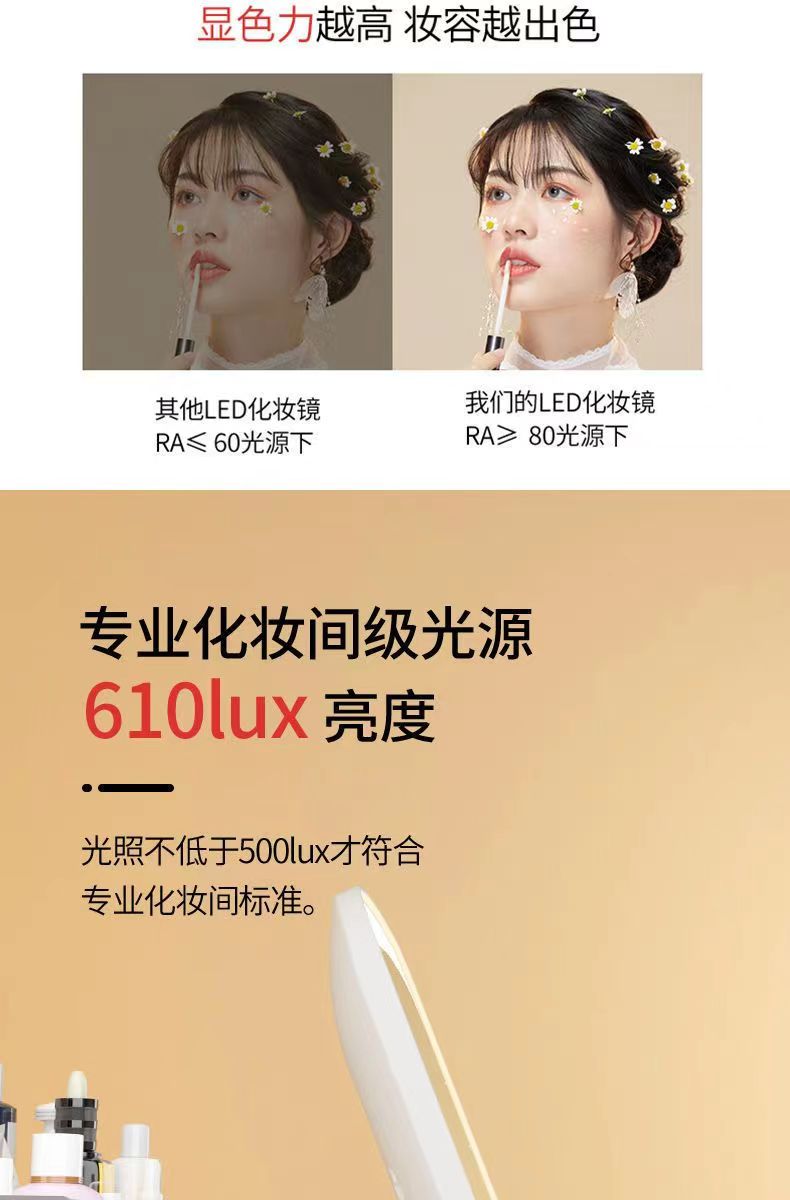 led化妆镜子学生宿舍带灯台式桌面补光小镜子梳妆镜随身灯光折够详情6