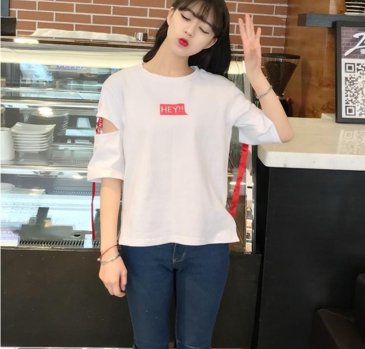 Loose and slimming woven strap letter-printed perforated T-shirt for women, versatile top HEY mid-sleeve pic 3