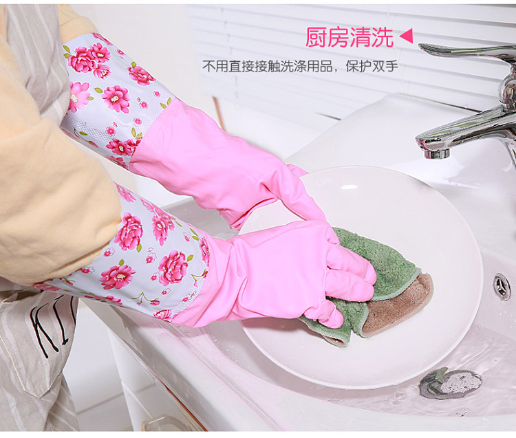 Household gloves with fleece, kitchen dishwashing and laundry latex gloves, durable rubber gloves, waterproof long style pic 11
