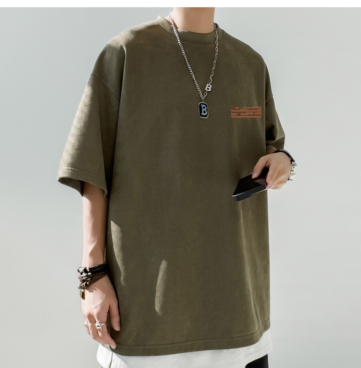 简恒咖色重磅美式复古男士短袖t恤夏季男款百搭仿麂皮绒定制T恤潮详情18