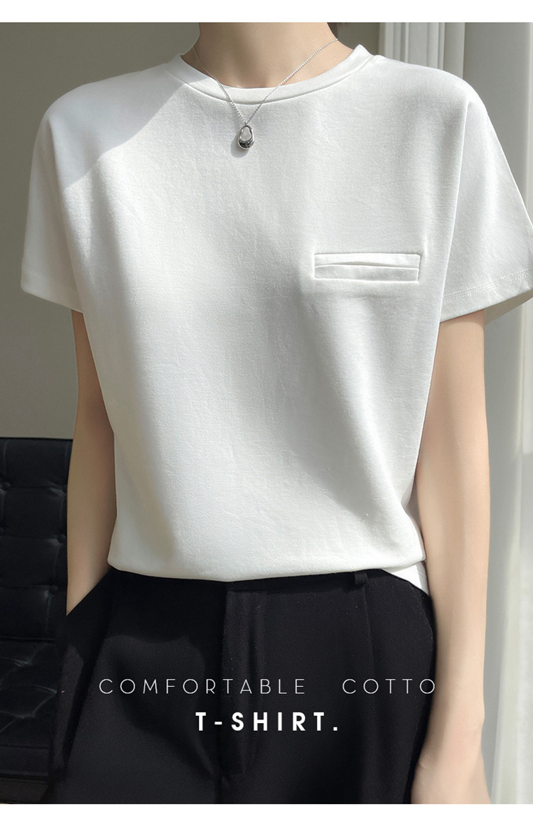 夏季丝光棉纯色短袖女简约设计感口袋圆领T恤宽松时尚百搭上衣详情6