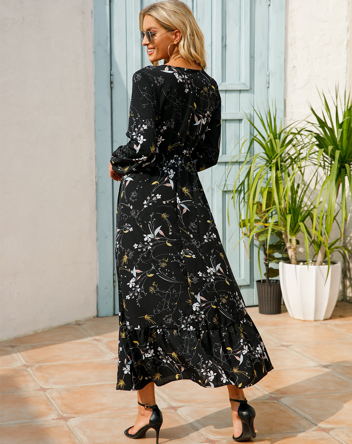 European and American floral long, round-neck, long-sleeved, waist-cinching and slimming dress pic 24